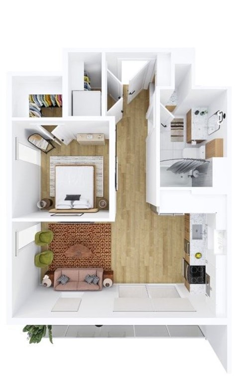 A top down view of a small apartment with a kitchen, living room and bedroom.